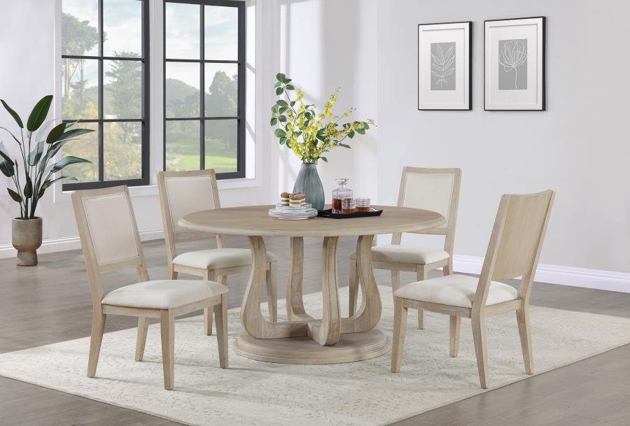 Trofello 60-inch Round Sculptural Pedestal Dining Table White Washed