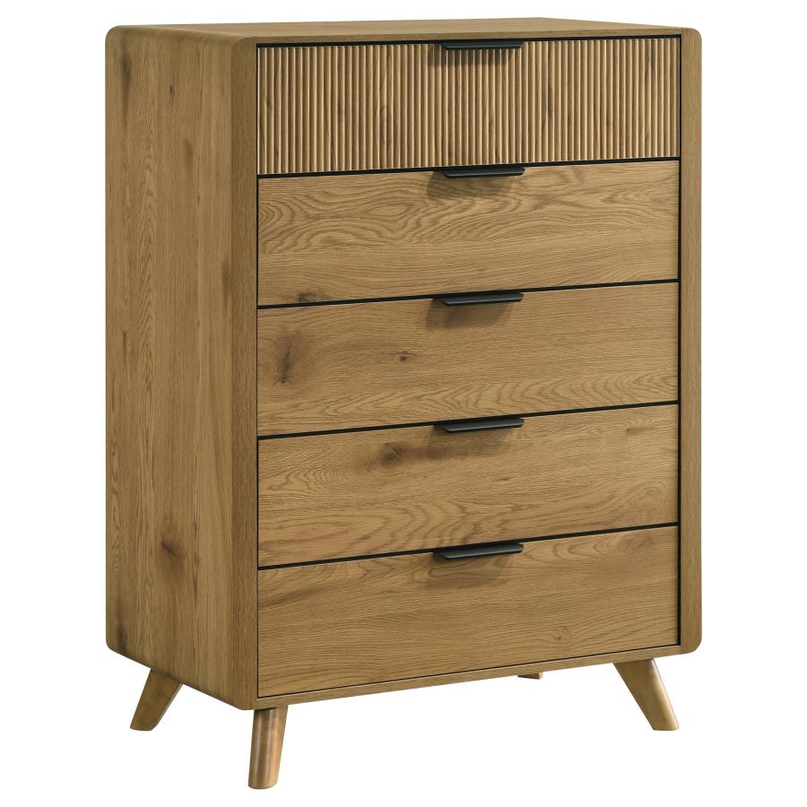 Bennett Eastern King Upholstered 5-Piece Mid-Century Bedroom Set Light Oak