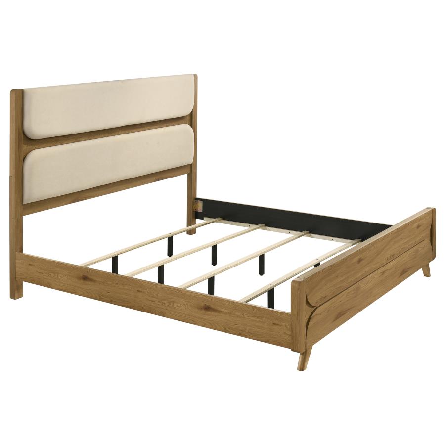 Bennett Eastern King Mid-Century Fabric Upholstered Panel Bed Light Oak