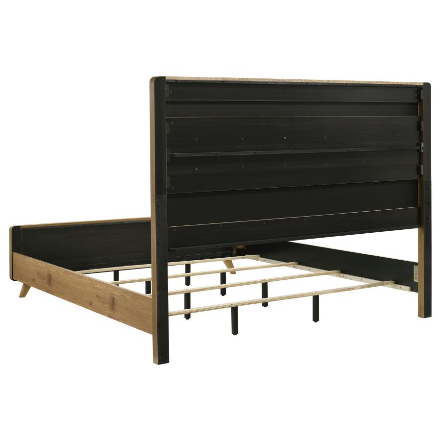 Bennett Eastern King Mid-Century Fabric Upholstered Panel Bed Light Oak