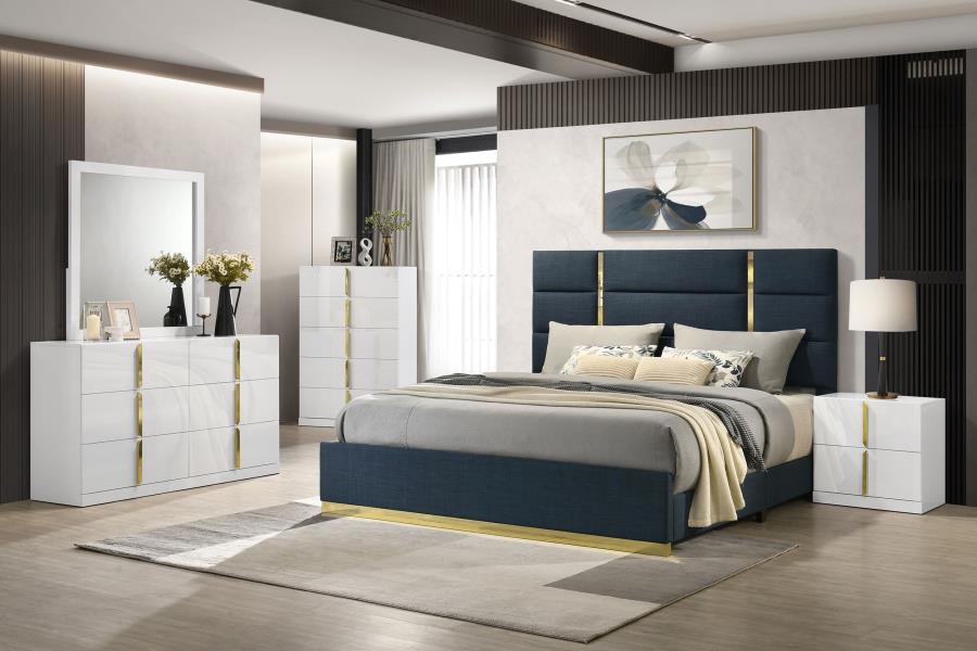 Ines 56-inch Fabric Upholstered Eastern King Panel Bed Navy