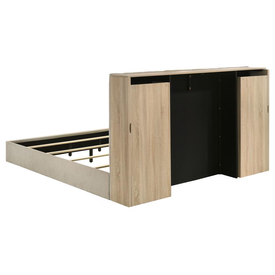 Arielle Eastern King Upholstered Bookcase Bed Light Tan and Light Oak