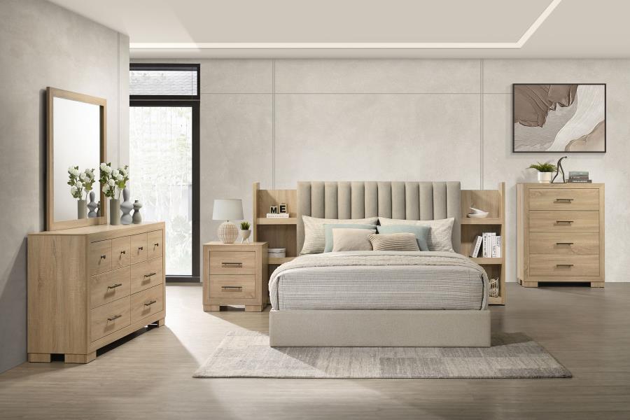 Arielle Eastern King Upholstered Bookcase Bed Light Tan and Light Oak