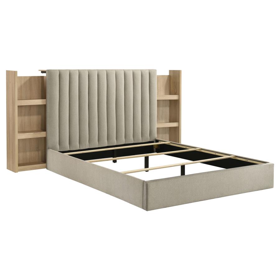 Arielle Queen Upholstered Bookcase Bed Light Tan and Light Oak