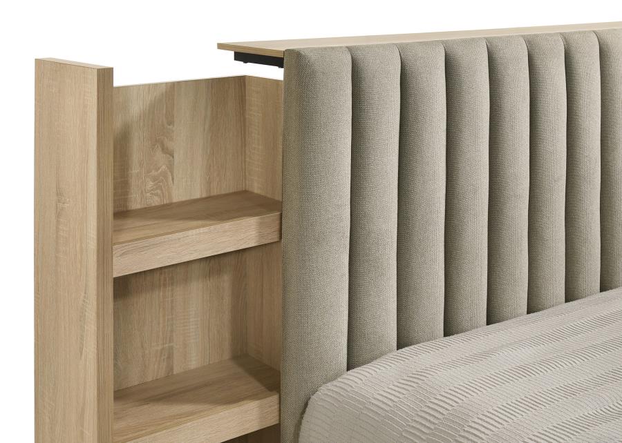 Arielle Queen Upholstered Bookcase Bed Light Tan and Light Oak