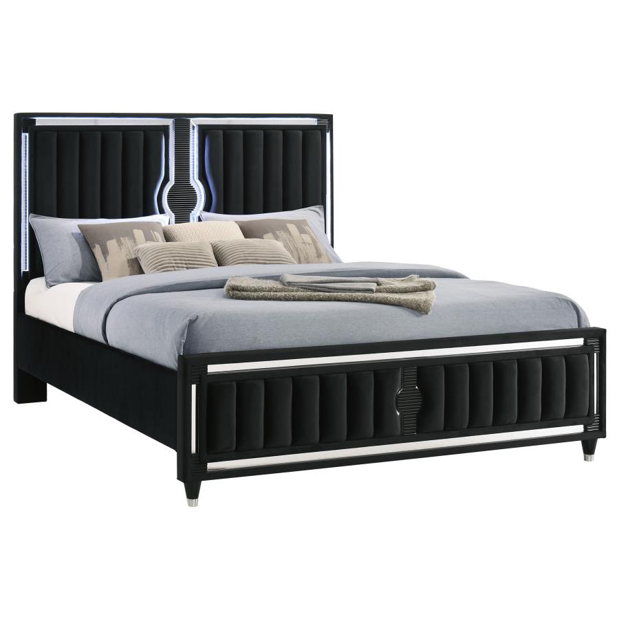 Ravenne Velvet Upholstered Eastern King LED Panel Bed Black