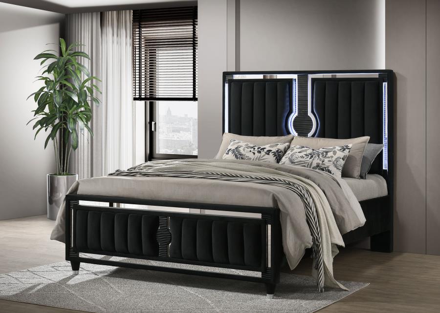 Ravenne Velvet Upholstered Queen LED Panel Bed Black