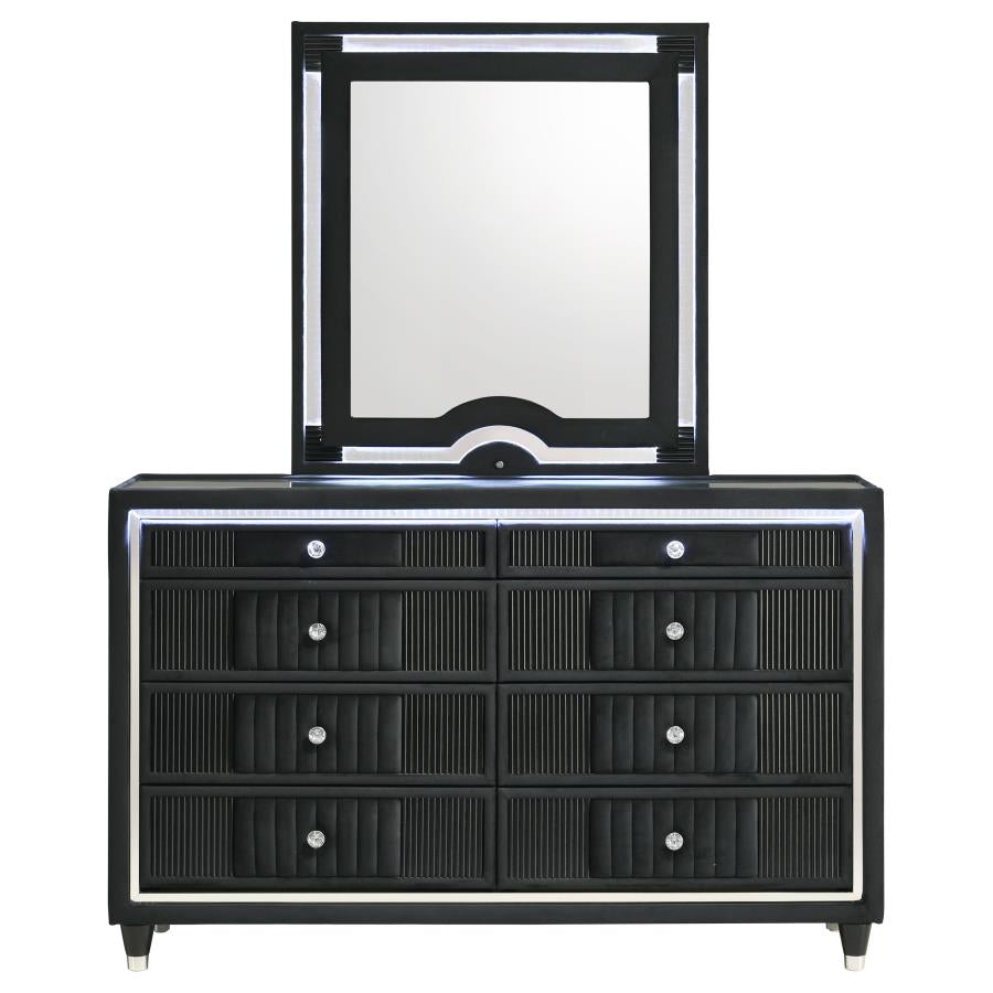 Ravenne 8-drawer Velvet Upholstered LED Dresser and Mirror Black