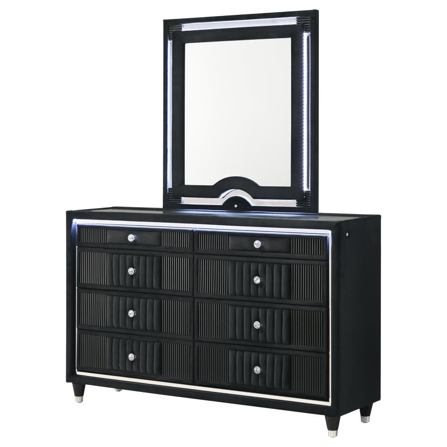 Ravenne 8-drawer Velvet Upholstered LED Dresser and Mirror Black