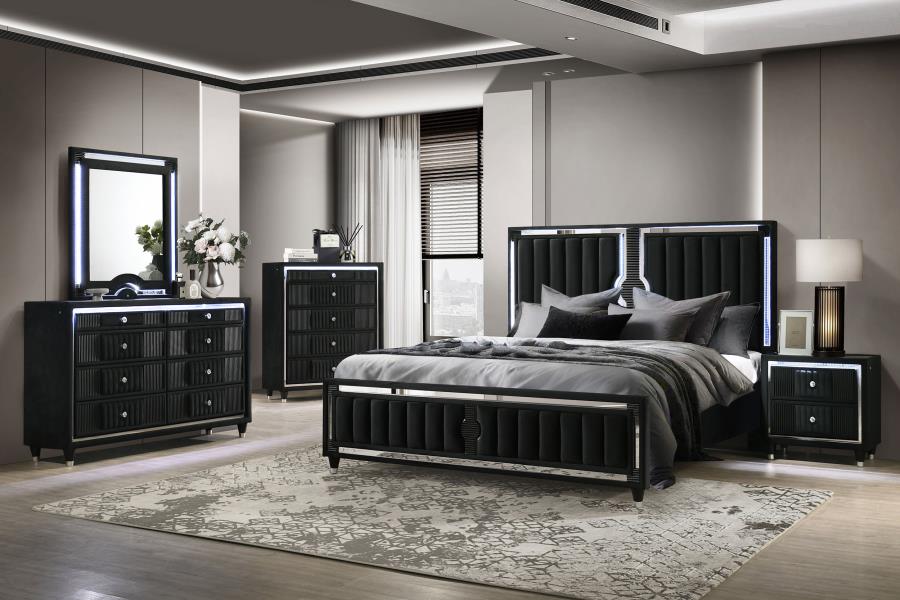 Ravenne 8-drawer Velvet Upholstered LED Dresser and Mirror Black