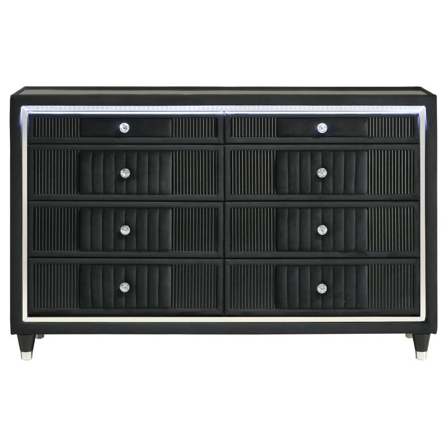 Ravenne 8-drawer Velvet Upholstered LED Dresser Cabinet Black