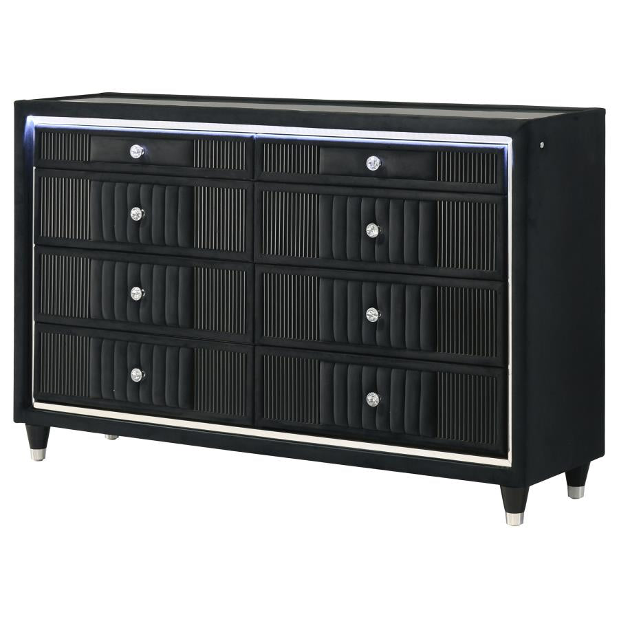 Ravenne 8-drawer Velvet Upholstered LED Dresser Cabinet Black