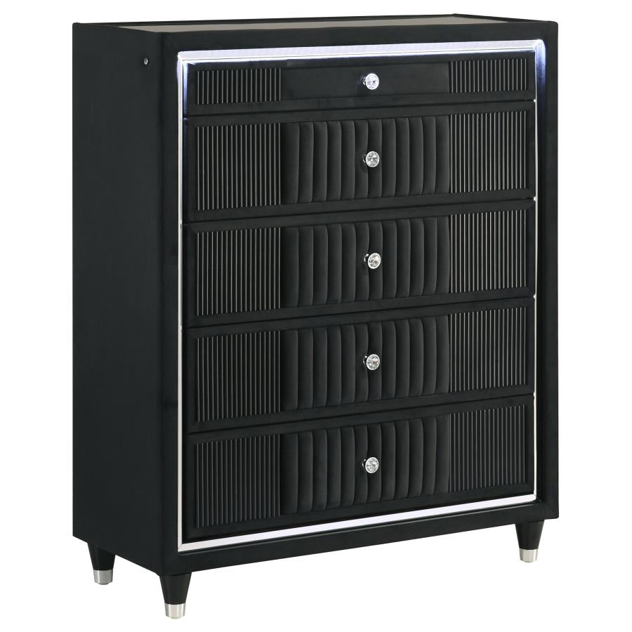 Ravenne 5-drawer Velvet Upholstered LED Chest of Drawers Black