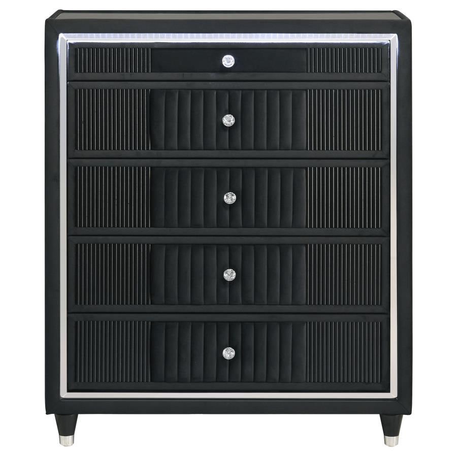 Ravenne 5-drawer Velvet Upholstered LED Chest of Drawers Black