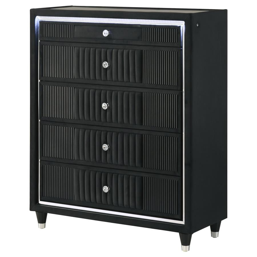 Ravenne 5-drawer Velvet Upholstered LED Chest of Drawers Black