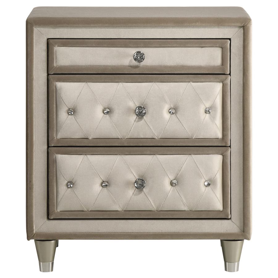 Antonella Upholstered 3-drawer Nightstand Ivory and Camel