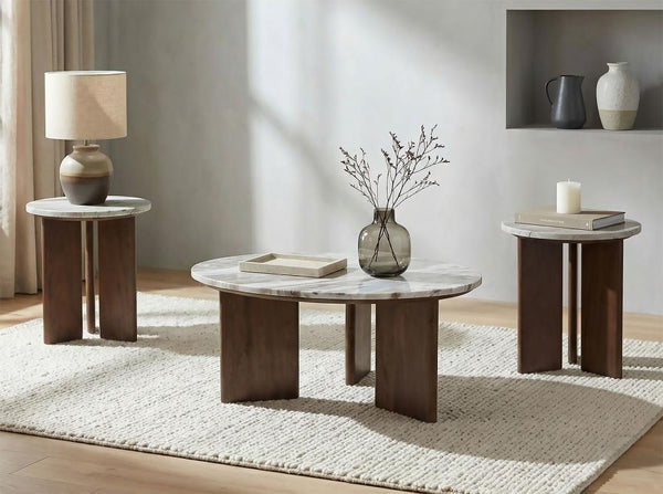 Jenna 3-piece Round Marble Top Coffee Table Set Brown