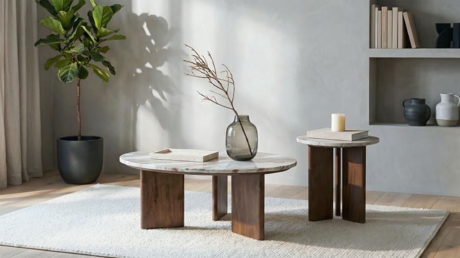 Jenna 35-inch Round Marble Top Cocktail Coffee Table Brown