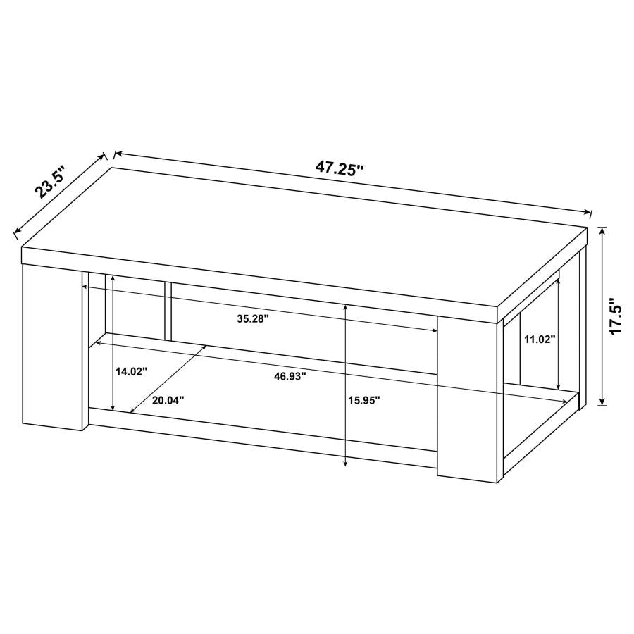 Pavone Transitional Rectangular Coffee Table with Open Lower Shelf Latte
