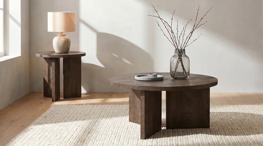 Aragon Round Panel Base End Table Dark Rustic Mango