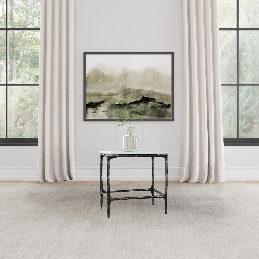 Ebby Square Genuine Marble Top Metal End Table White and Antique Black