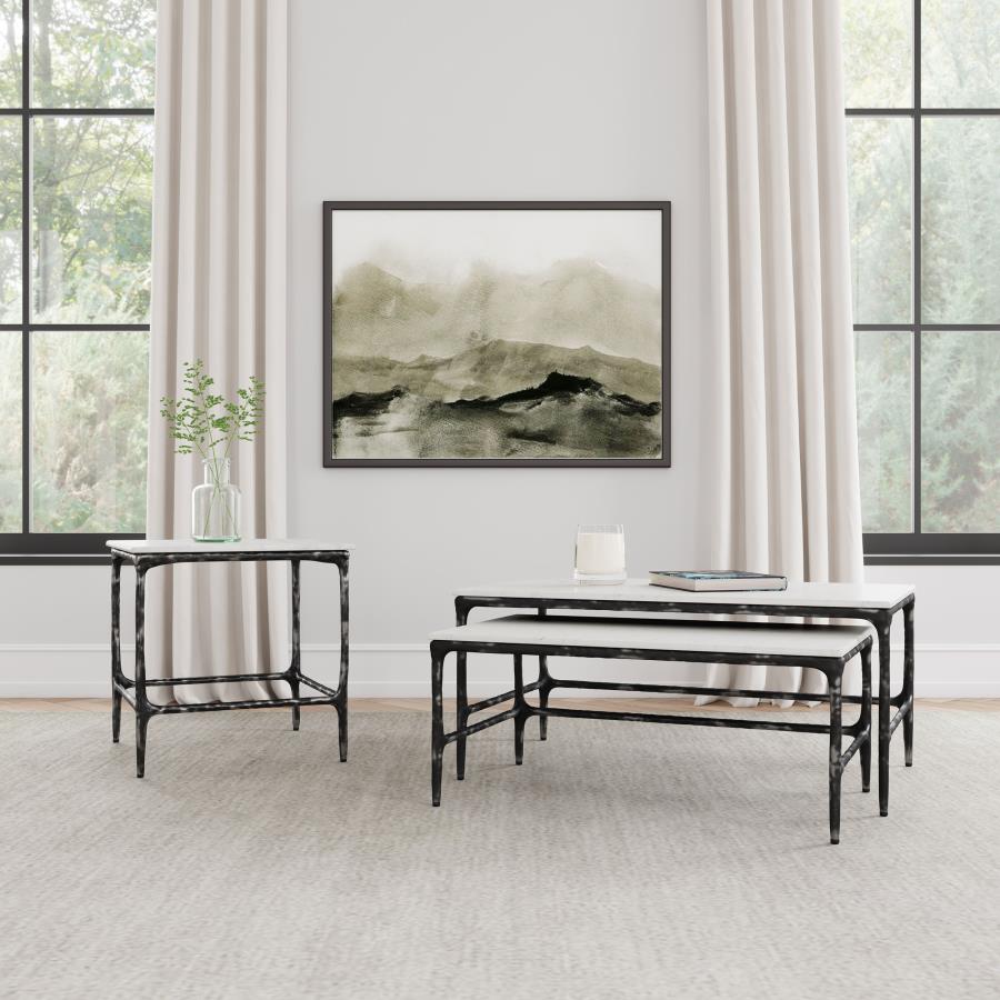 Ebby Square Genuine Marble Top Metal End Table White and Antique Black