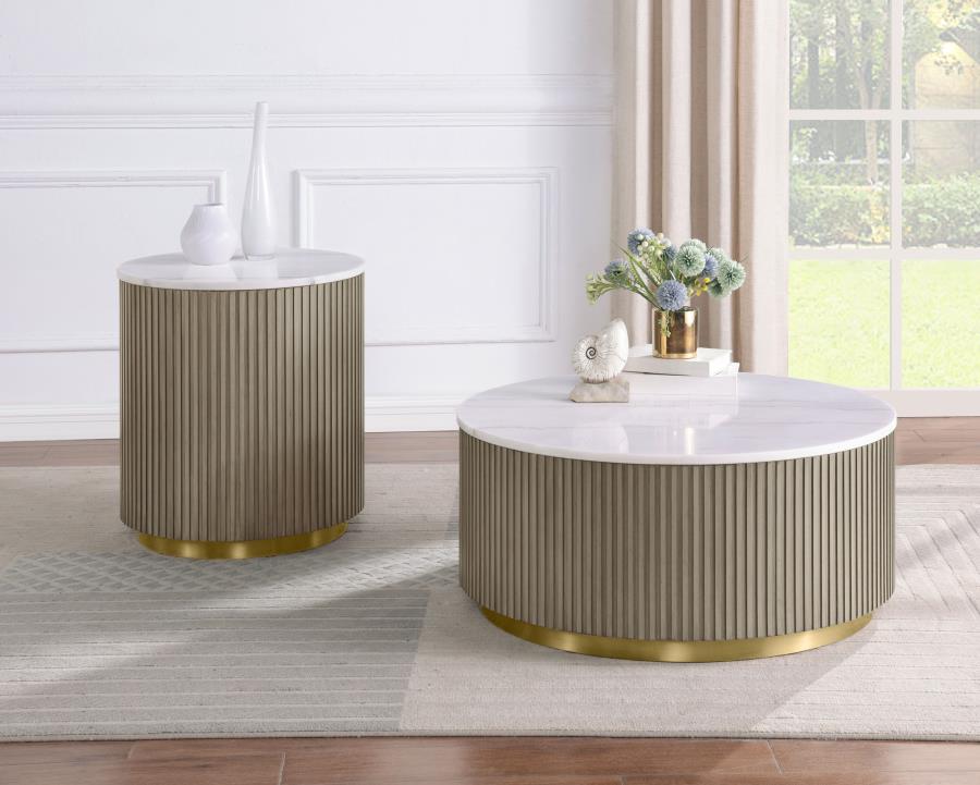 Jason Round White Marble Top Side End Table Greige