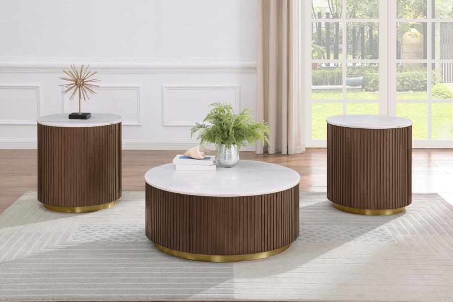 Jason Round White Marble Top Side End Table Honey Brown