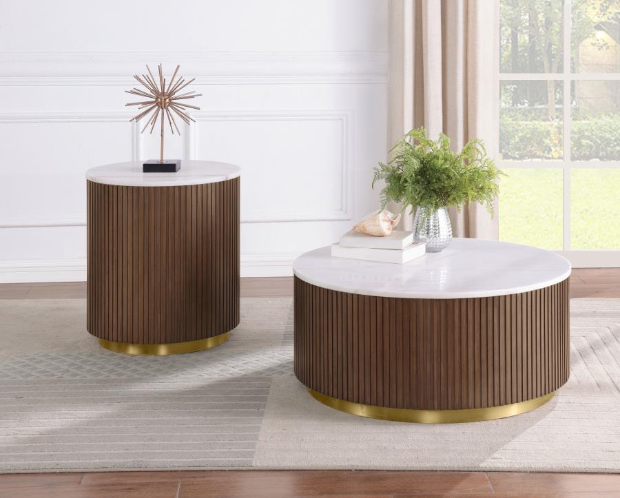 Jason 2-piece Round White Marble Coffee Table Set Honey Brown