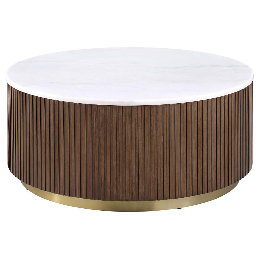 Jason 2-piece Round White Marble Coffee Table Set Honey Brown