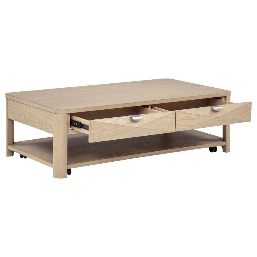 Marcelo Wood Coffee Table with 2 Drawers and Shelf Light Elm