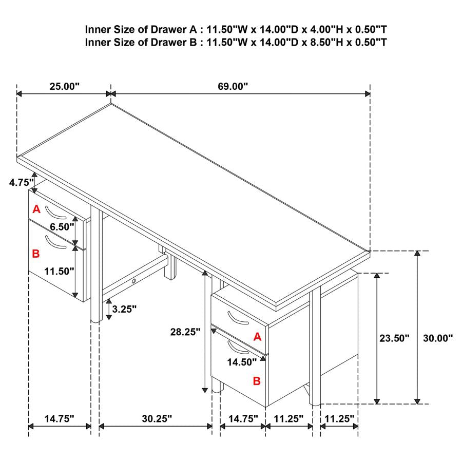Roldan 69-inch 4-drawer Computer Desk with File Drawer Light Ash