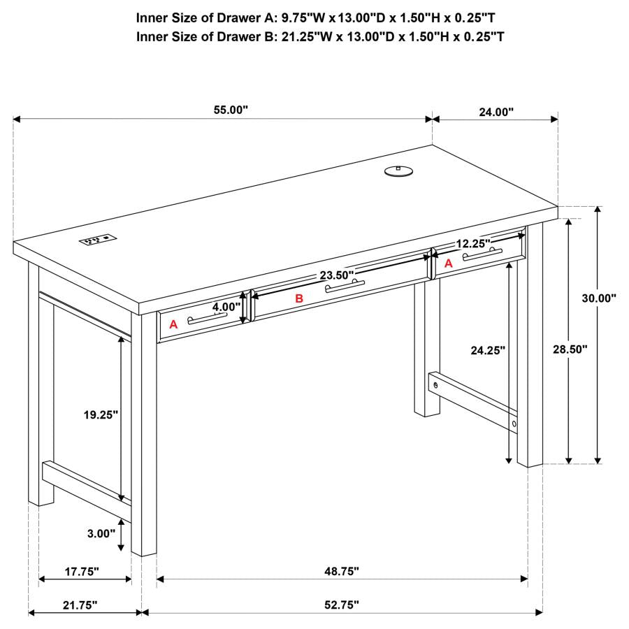Vermes 55-inch 3-drawer Writing Desk with Power Outlet Light Ash