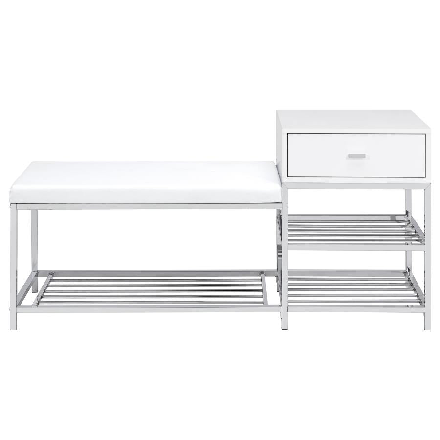 Siega 1-Drawer Shoe Storage Entryway Bench White High Gloss and Chrome
