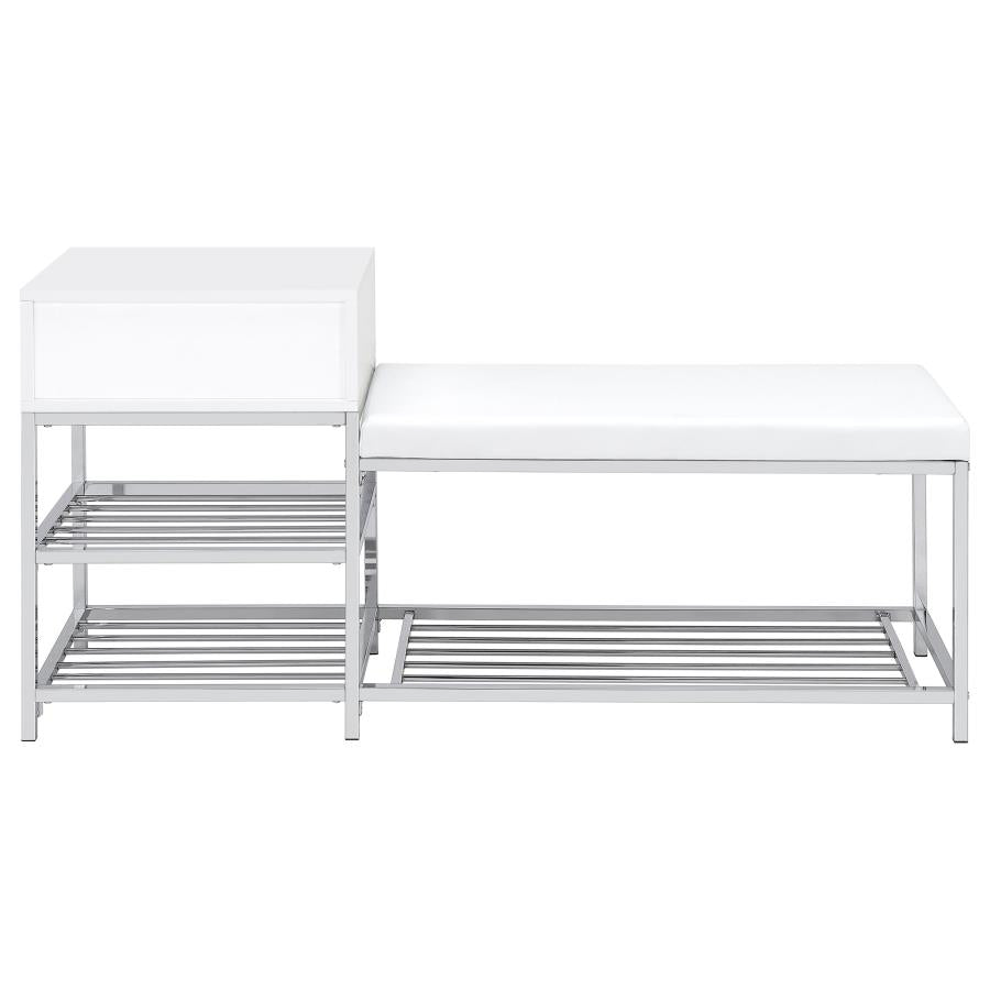 Siega 1-Drawer Shoe Storage Entryway Bench White High Gloss and Chrome