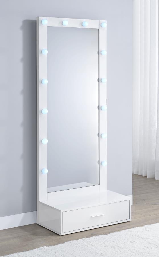 Spector 1-drawer Lighted Full-Length Floor Mirror White High Gloss